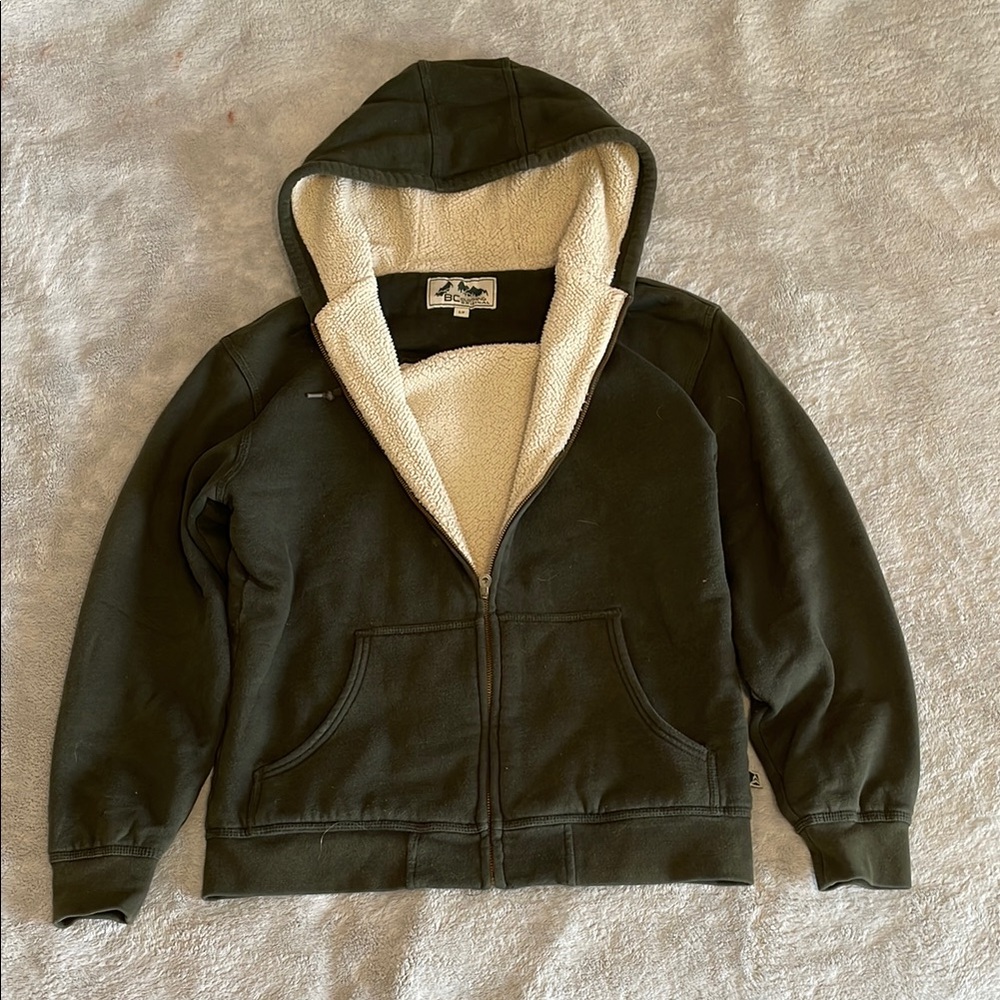 Green and White Zip Up Sweater with Hood